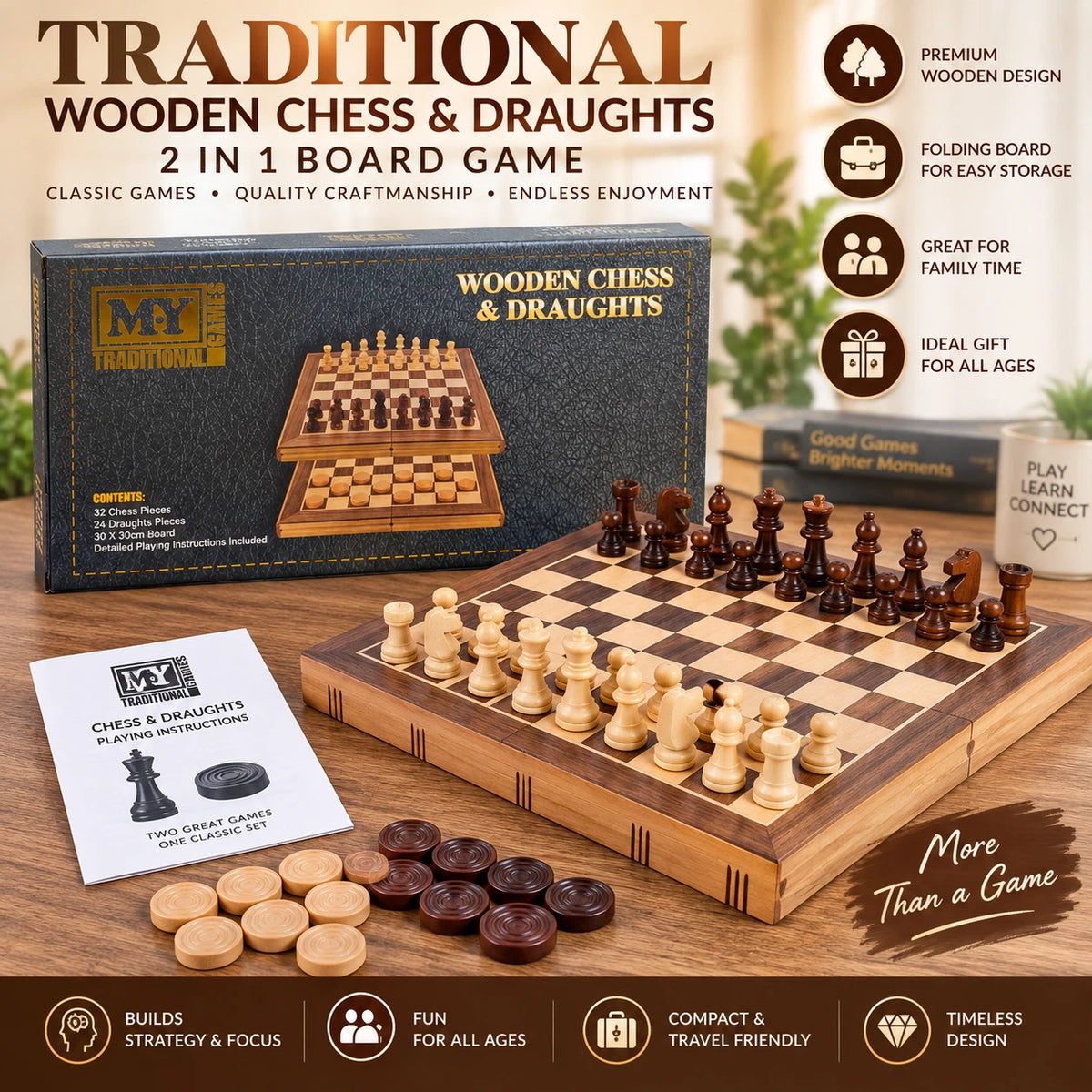 2 in 1 Folding Wooden Chess And Draughts Board Games Set Travel Portable Gift