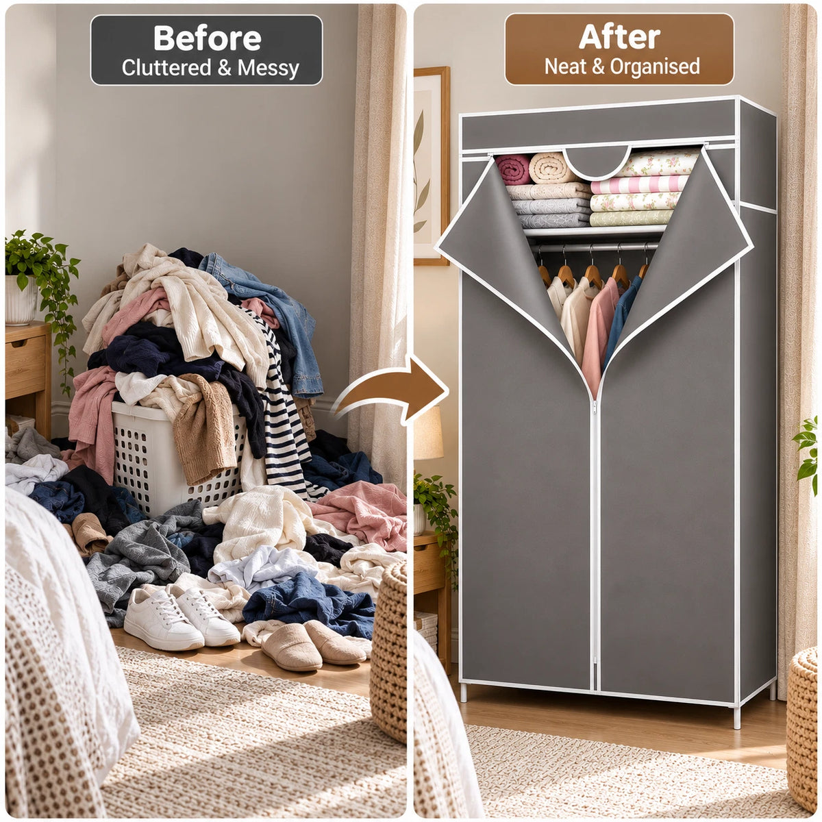 Portable Single Fabric Wardrobe Clothes Storage Closet Organiser Hanging Rail