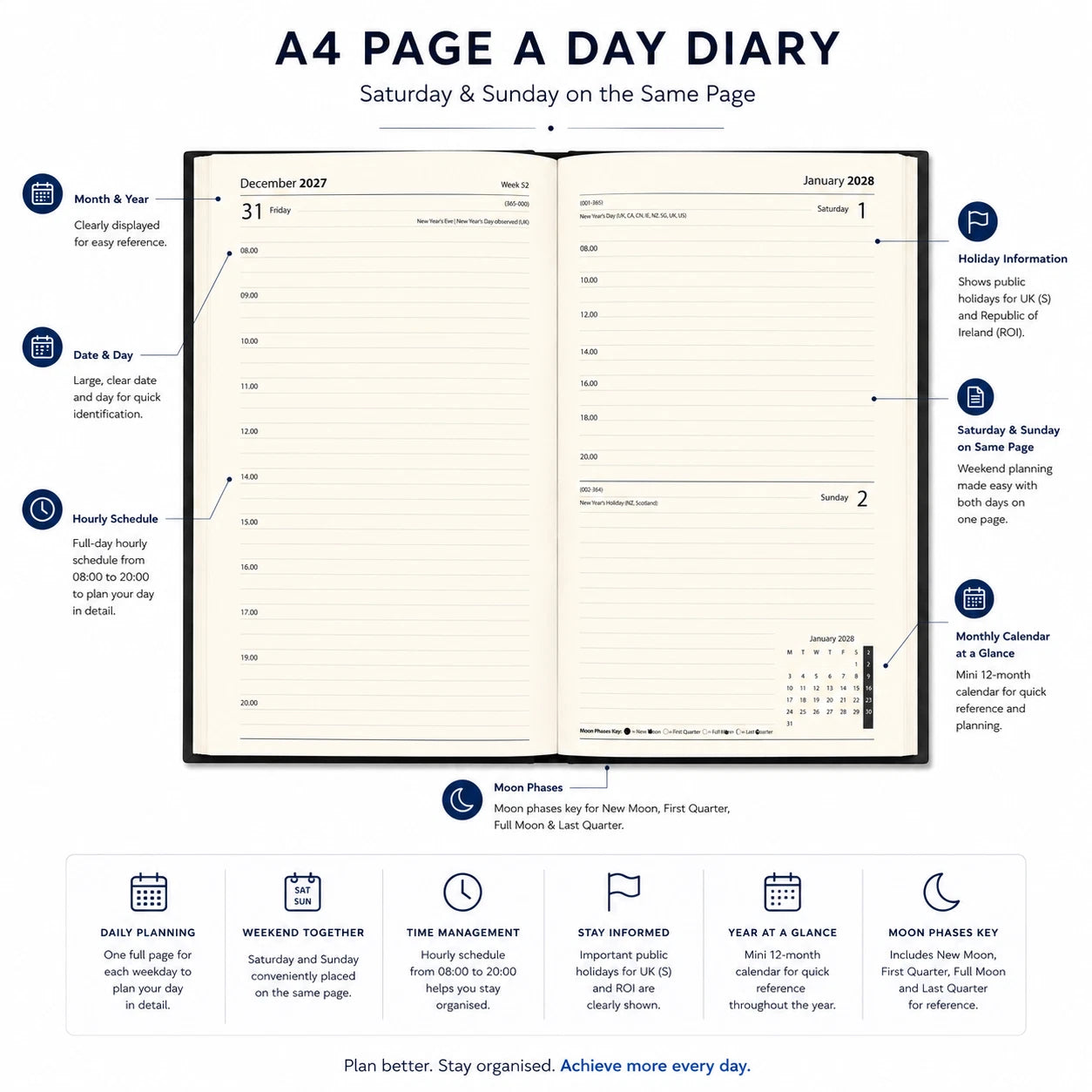 2027 Diary A4 A5 Page a Day or Week To View Padded Cover Dairy Diaries Office