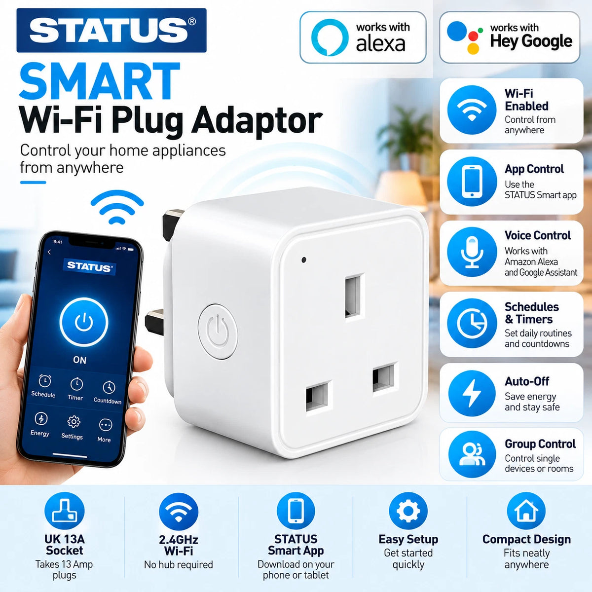 Smart WiFi Plug 13A UK Socket Alexa Google Assistant App Voice Control Timer