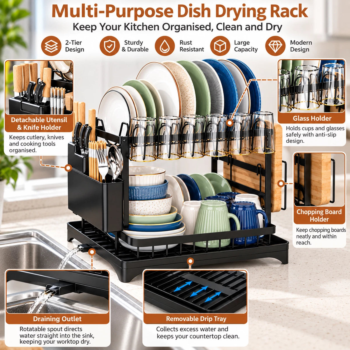 2 Tier Dish Drainer Rack Stainless Steel Drip Tray Space Saving Cutlery Holder