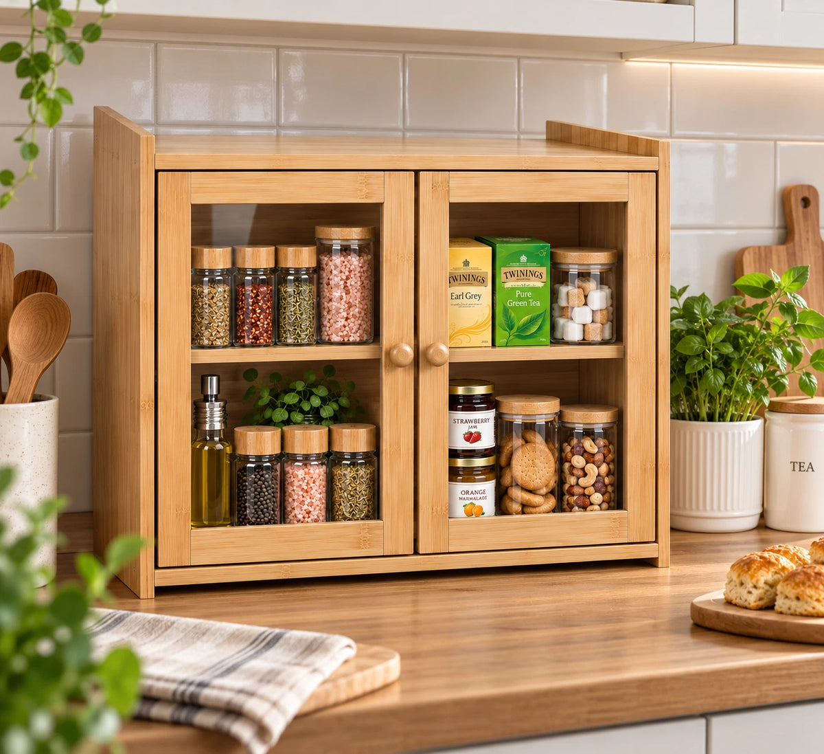 Bamboo Bread Bin Box Kitchen Countertop Storage Cabinet 2 Tier Compact