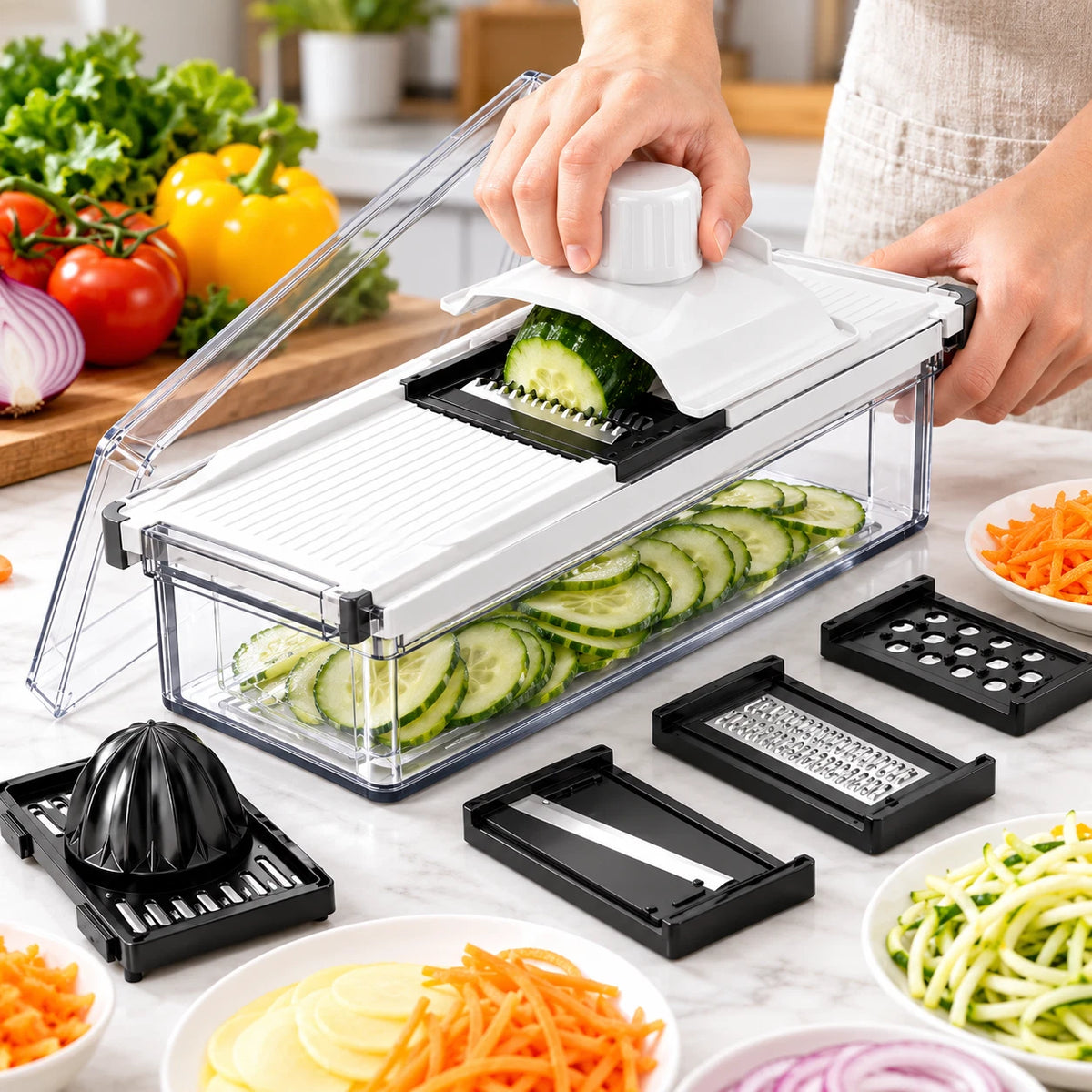 Mandoline Vegetable Slicer with Container 4 Blades and Juicer Julienne Cutter