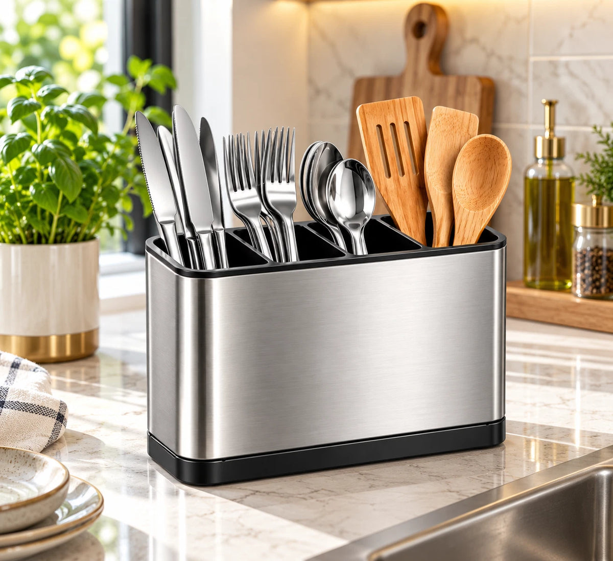 Stainless Steel Utensil Holder with 4 Compartments Draining Base Kitchen Storage