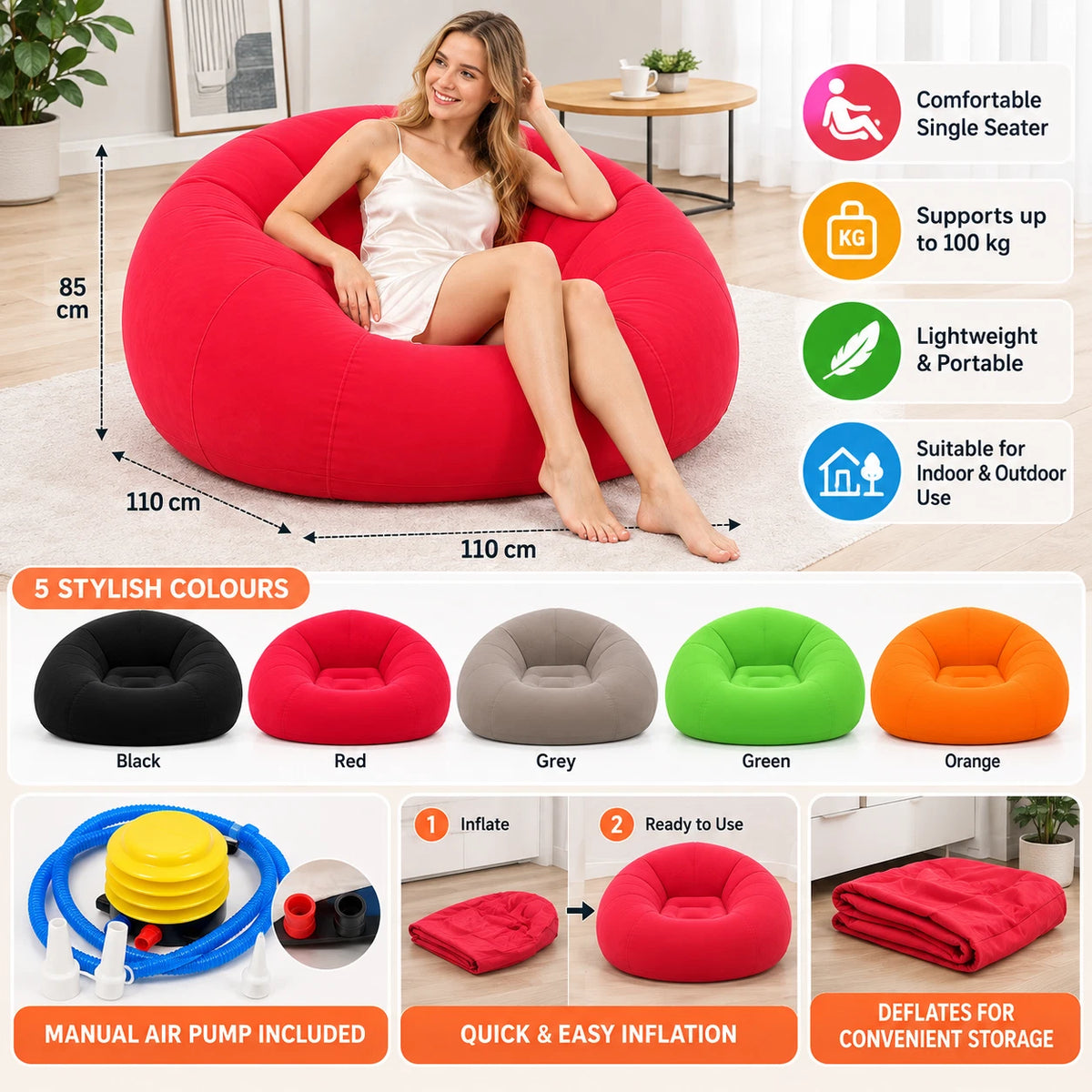 Inflatable Sofa Single Seater Bean Bag For Camping Indoor Blow up Chair Lounger