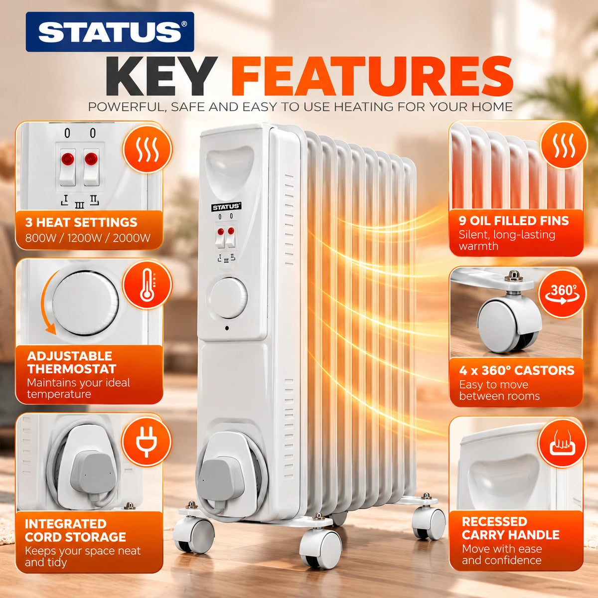 9 Fin Portable Oil Filled Radiator Electric Heater Thermostat 2000W Home Office