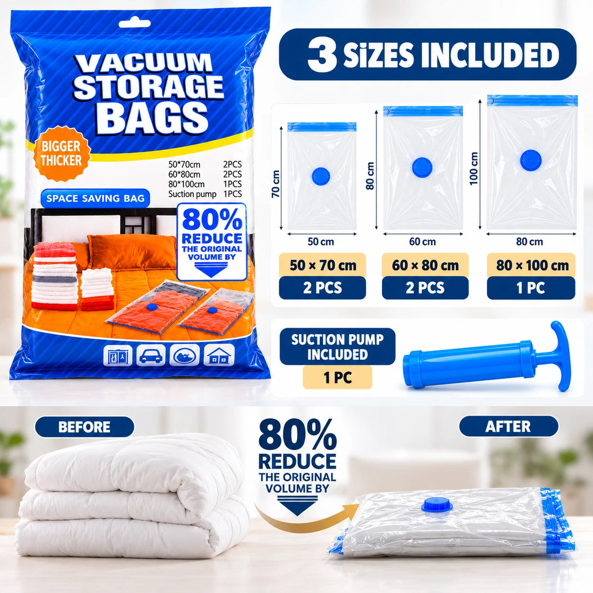 5pcs Vacuum Storage Bags with Pump Space Saver Clothes Home Organiser M L XL