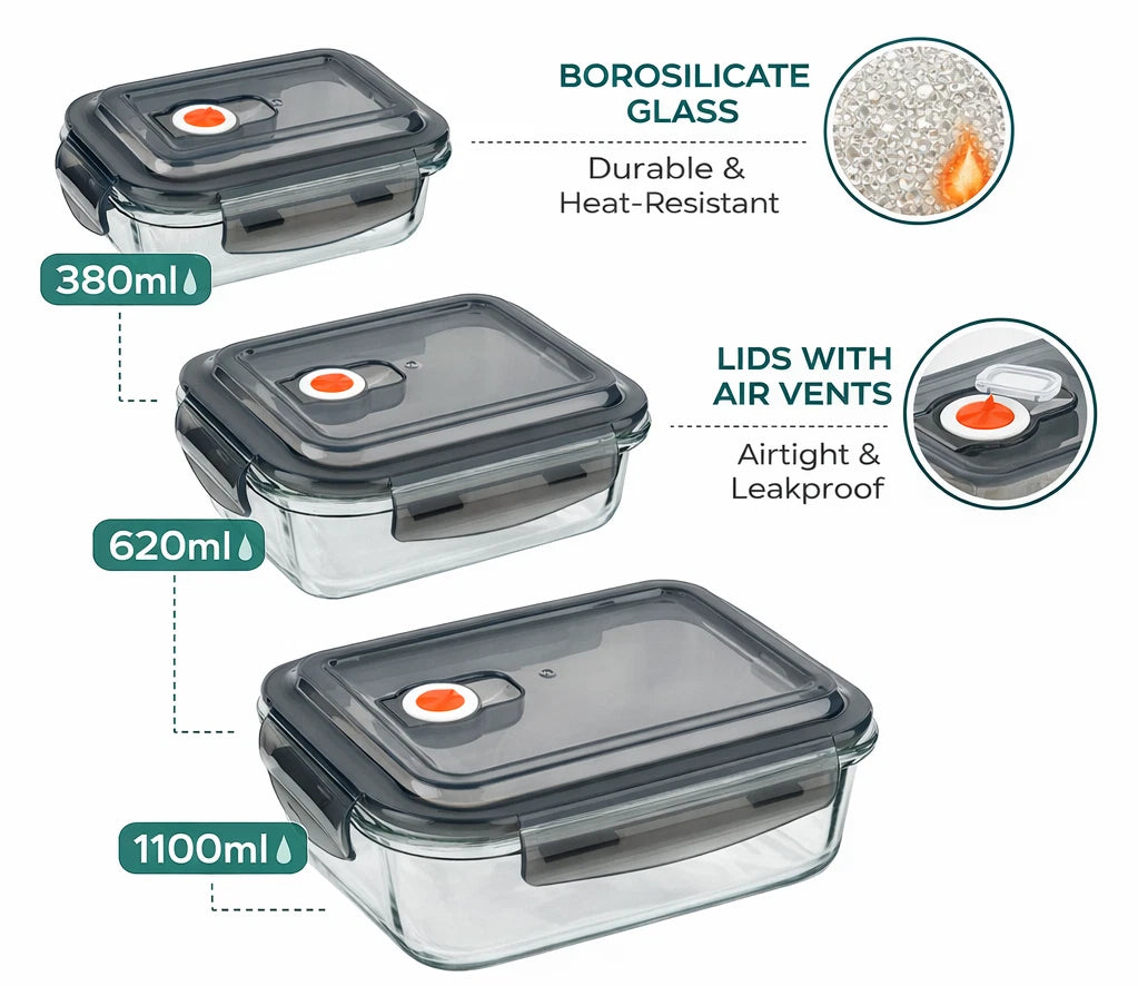 3 Piece Glass Food Storage Containers Set with Airtight Vented Lids – Oven Safe Meal Prep Boxes