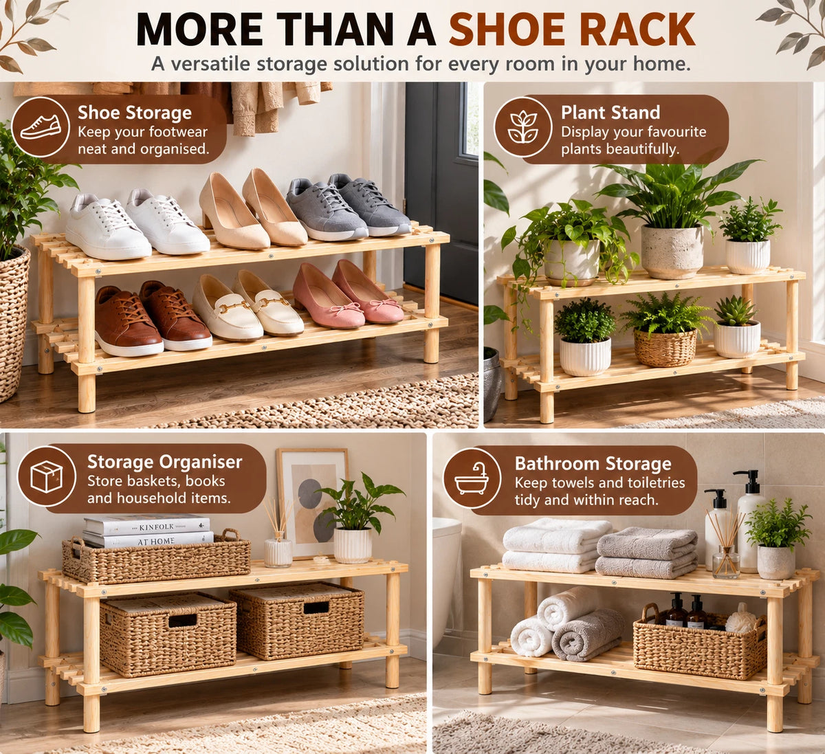 2 Tier Bamboo Shoe Rack Plant Rack Bathroom Storage Organiser Unit Shelf Hallway