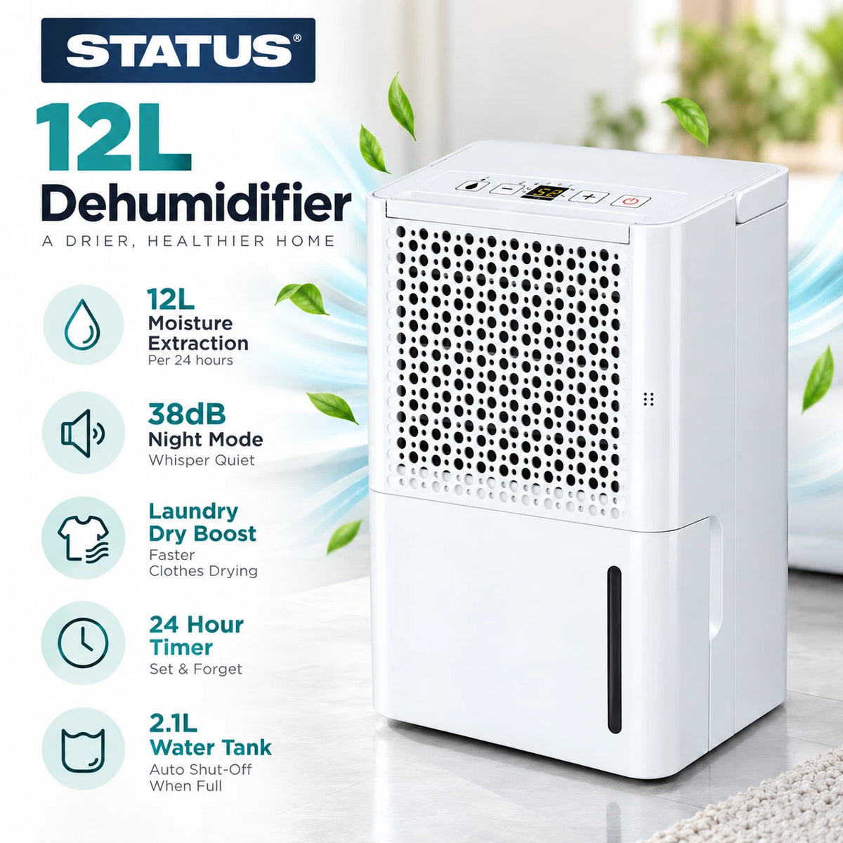 12L Dehumidifier For Home Portable Moisture Remover With Night Mode 220W White