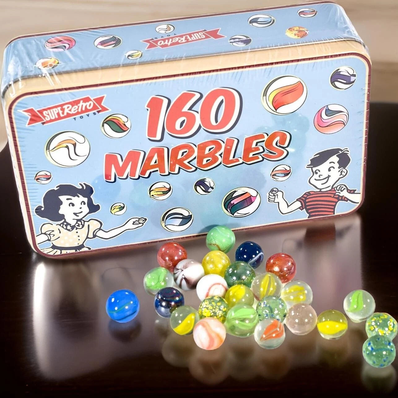 160 Classic Glass Marbles Toys in Vintage Storage Box Tin Novelty Children Boys