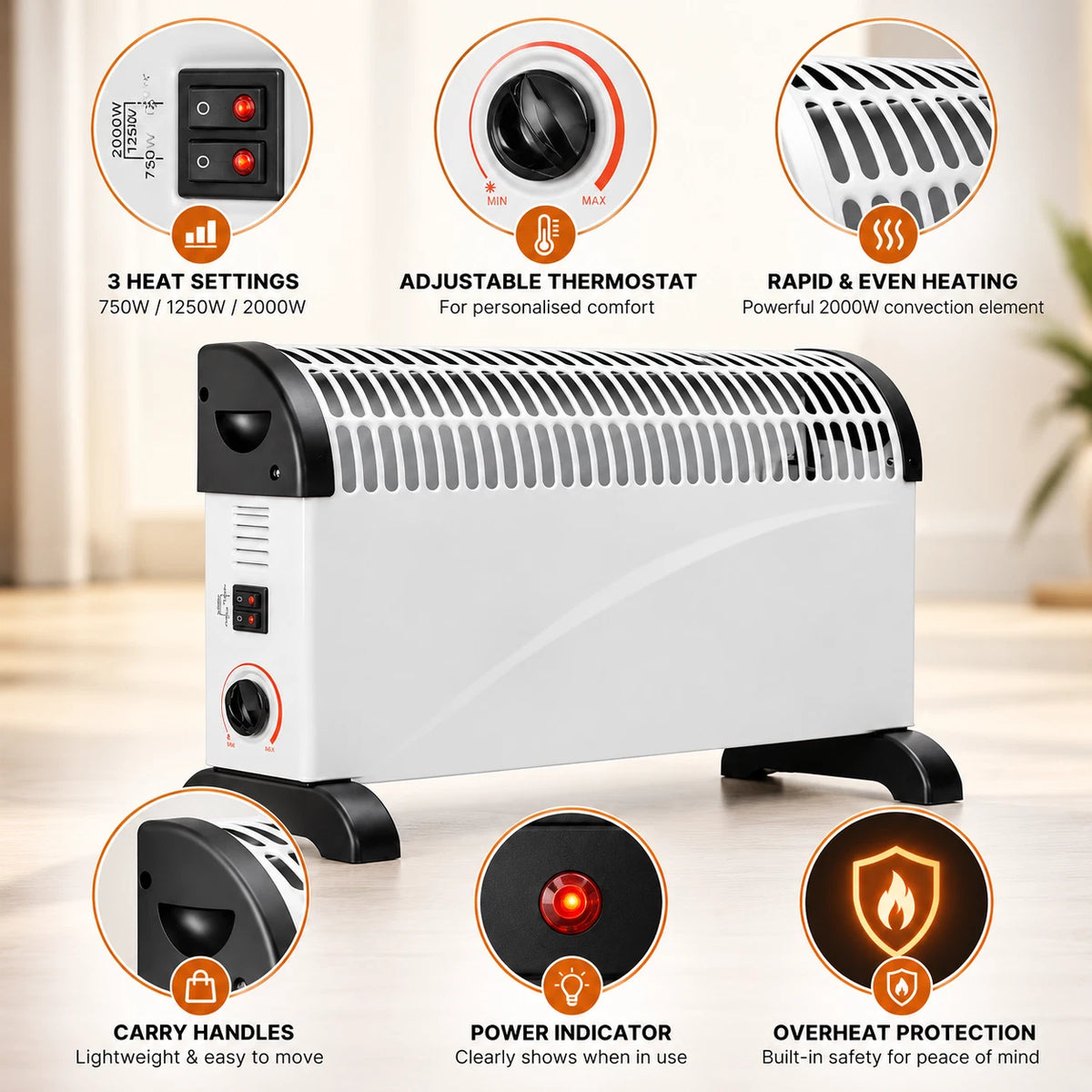 Electric Portable Convector Heater 3 Adjustable Heat 2000W For Home Office