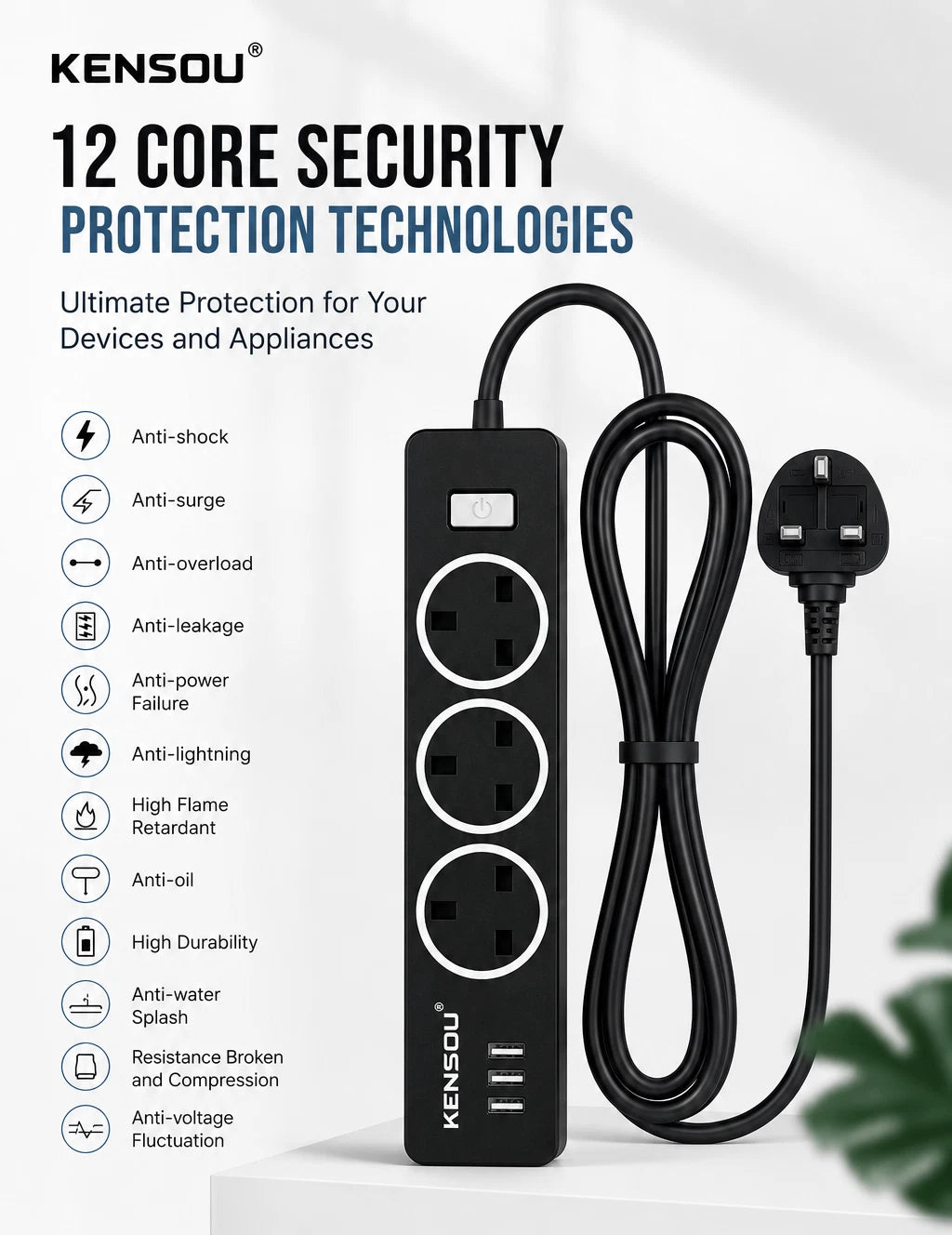 3 Way Extension Lead Surge Protected Power Strip 3 USB Ports UK Plug 1.6M Cable