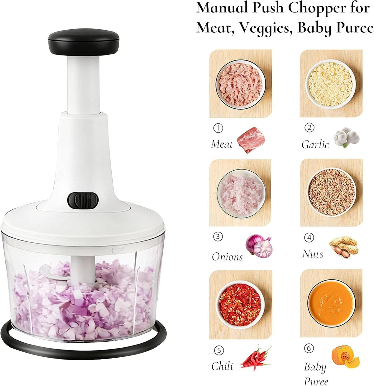 Manual Hand Press Food Chopper with Egg Whisker & Vegetable Salad Spinner 1200ml