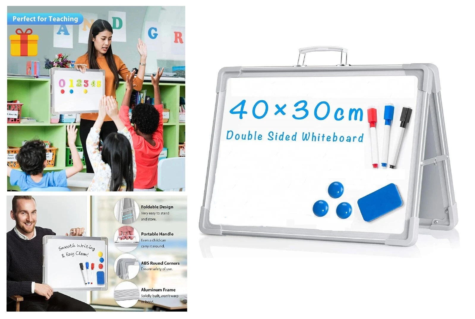 Magnetic Whiteboard Double Sided Dry Wipe Markers Classroom Office Travel UK