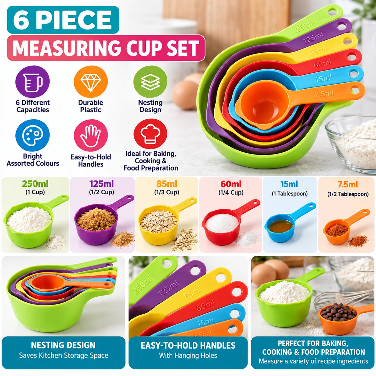 6pcs Measuring Cups and Spoons Set For Baking Cooking Multicolor Space Saving