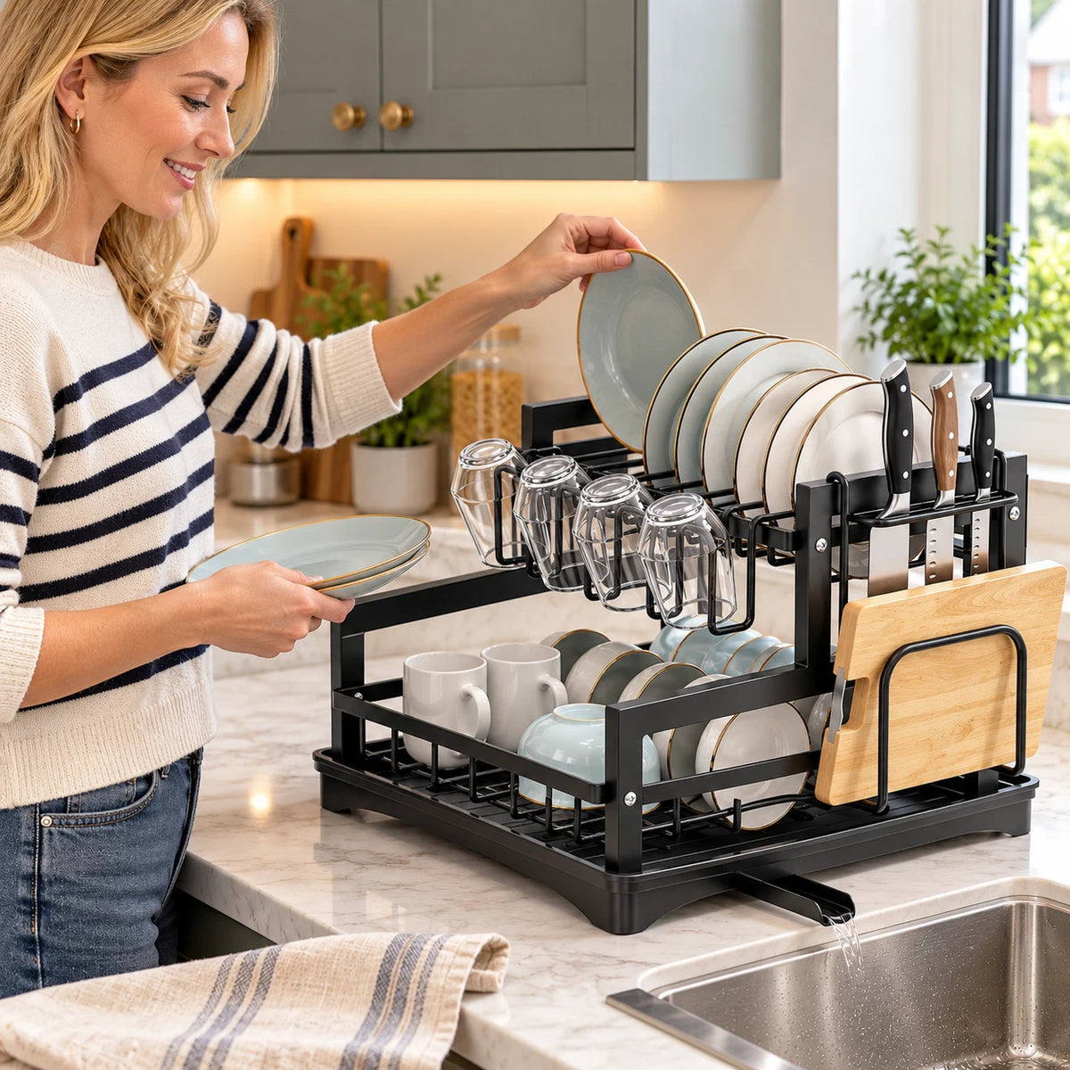 2 Tier Dish Rack Metal Black Cutlery Plates Cup Holder Kitchen Storage Organiser