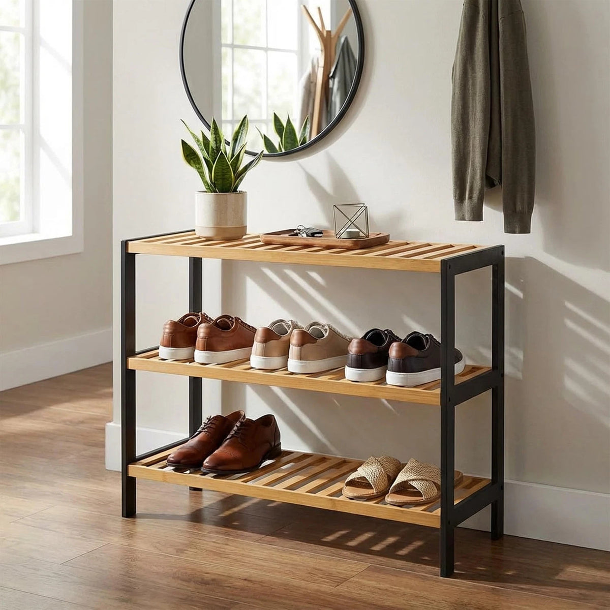 Bamboo Shoe Rack Organiser 3 Tier Wooden Storage Stand Shelf Holds 9 Pairs UK