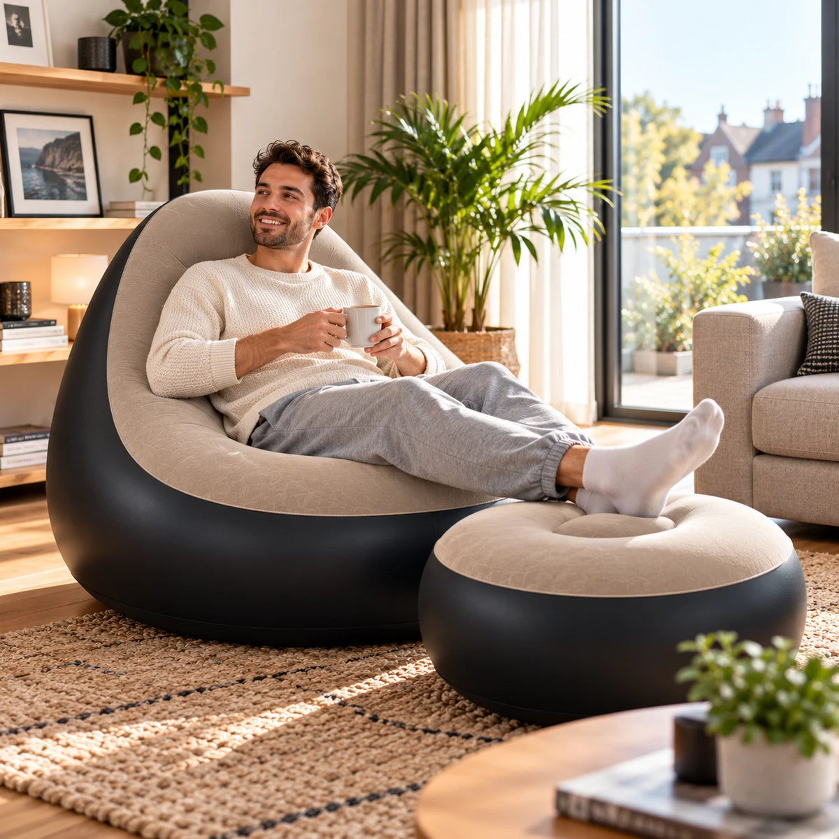 Inflatable Lounger Ottoman Couch With Foot Stool Air Blow Up Sofa Chair Camping