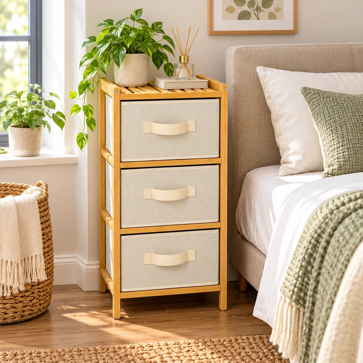 Bamboo 3 Chest of Drawers Fabric Bedroom Bedside Organiser Dresser Storage Unit