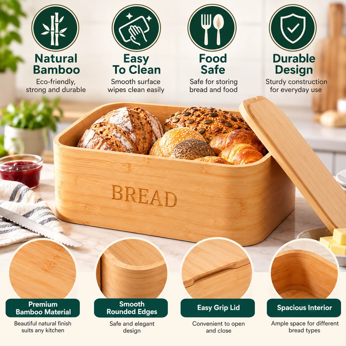 Bamboo Bread Bin with Chopping Board Lid Bread Box Kitchen Food Storage Counter