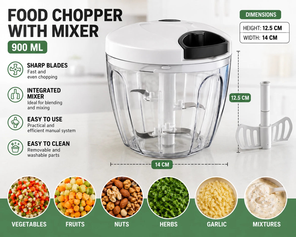 Manual Food Chopper 900ml Vegetable Chopper with Pull Cord Onion Garlic Slicer