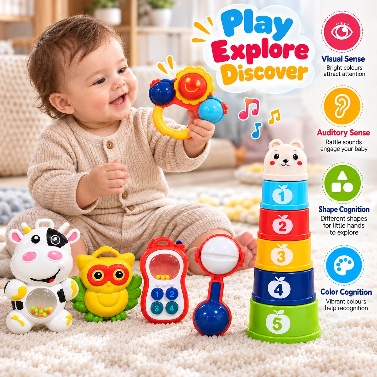 Baby Rattles And Stacking Cups Set Development Learning Activity Toys Gift Set