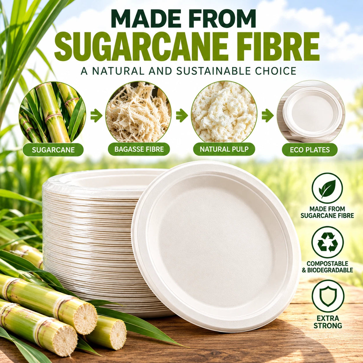 Bagasse Plates 9" 10" Sugarcane Disposable Paper Plate Catering Supplies Party