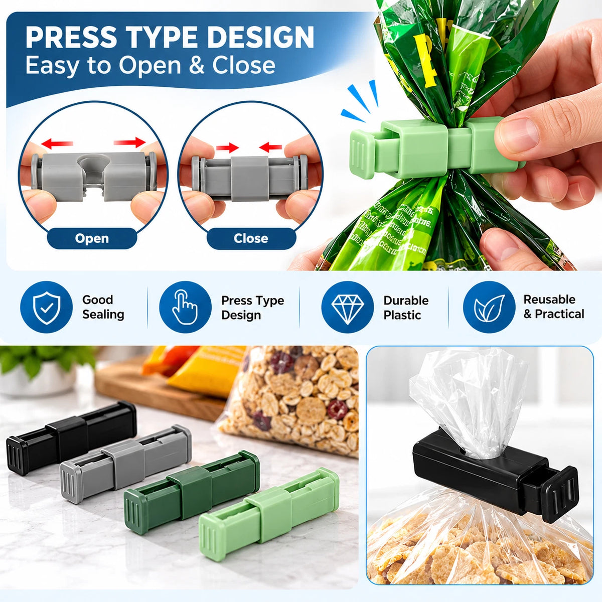 4pcs Food Bag Clips For Sealing Food Storage Freeze Kitchen Pegs Sealer Plastic