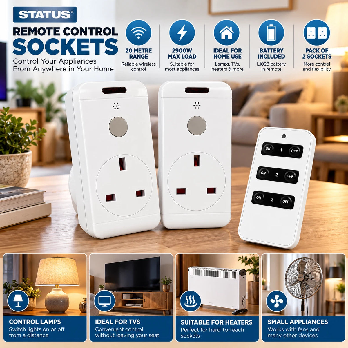 Remote Control Sockets UK 20M Range 13A Energy Saving Plug In Sockets Pack of 2