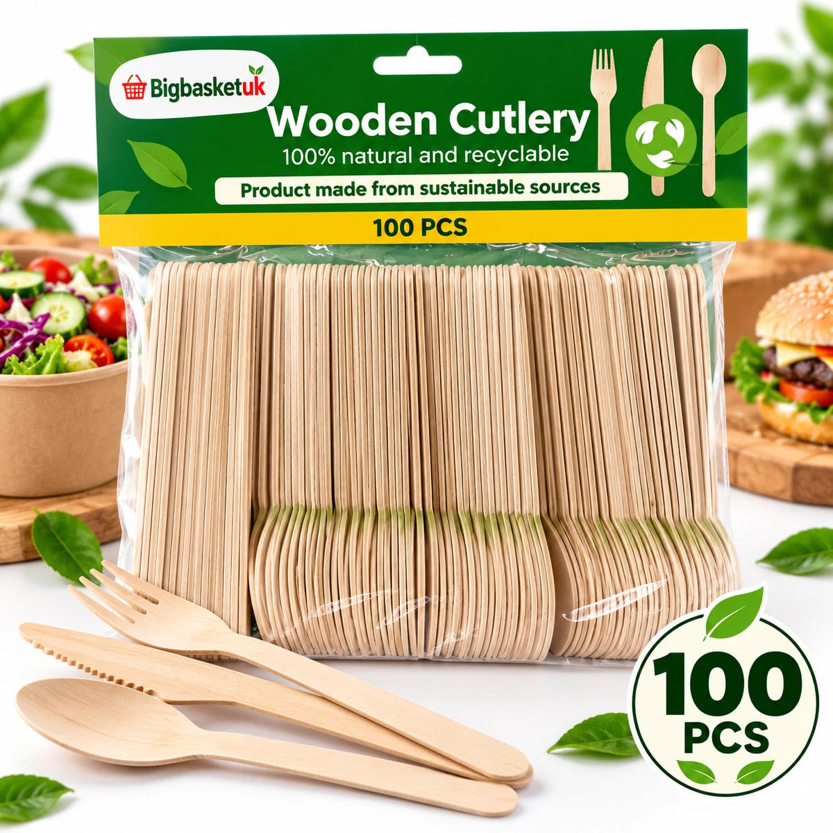 Wooden Cutlery Set 100pcs Disposable Biodegradable Party BBQ Forks Spoons Knives
