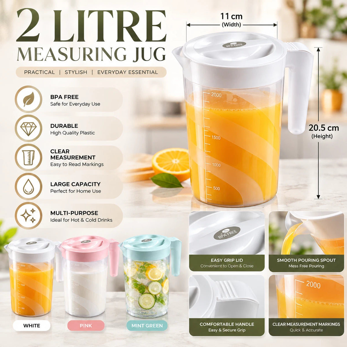 2 Litre Plastic Jug with Lid Pitcher Water Cocktail Juice Drinks Measuring Jugs