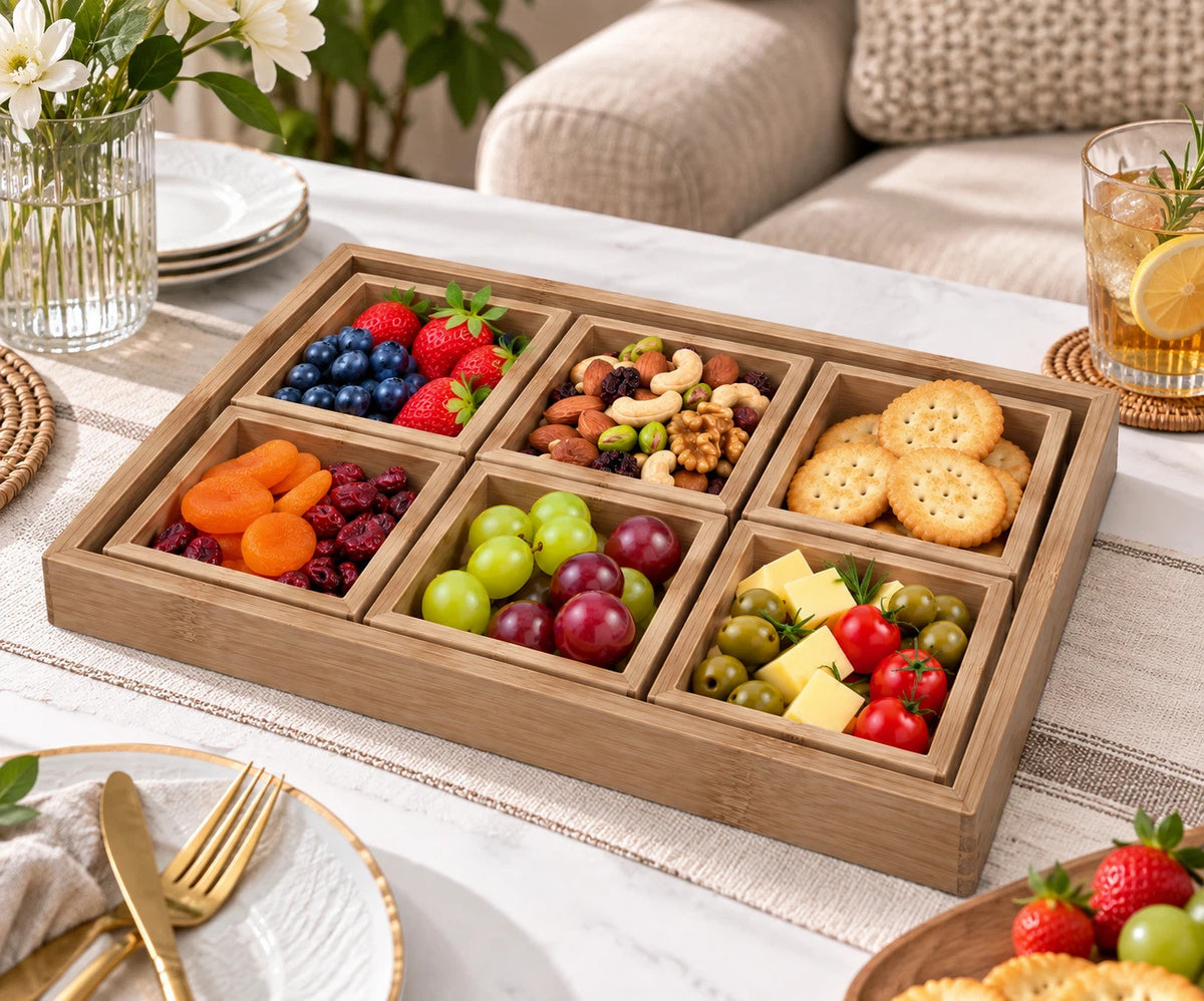 7pc Bamboo Serving Tray Rectangular Food Platters Nuts Candy Storage Organiser