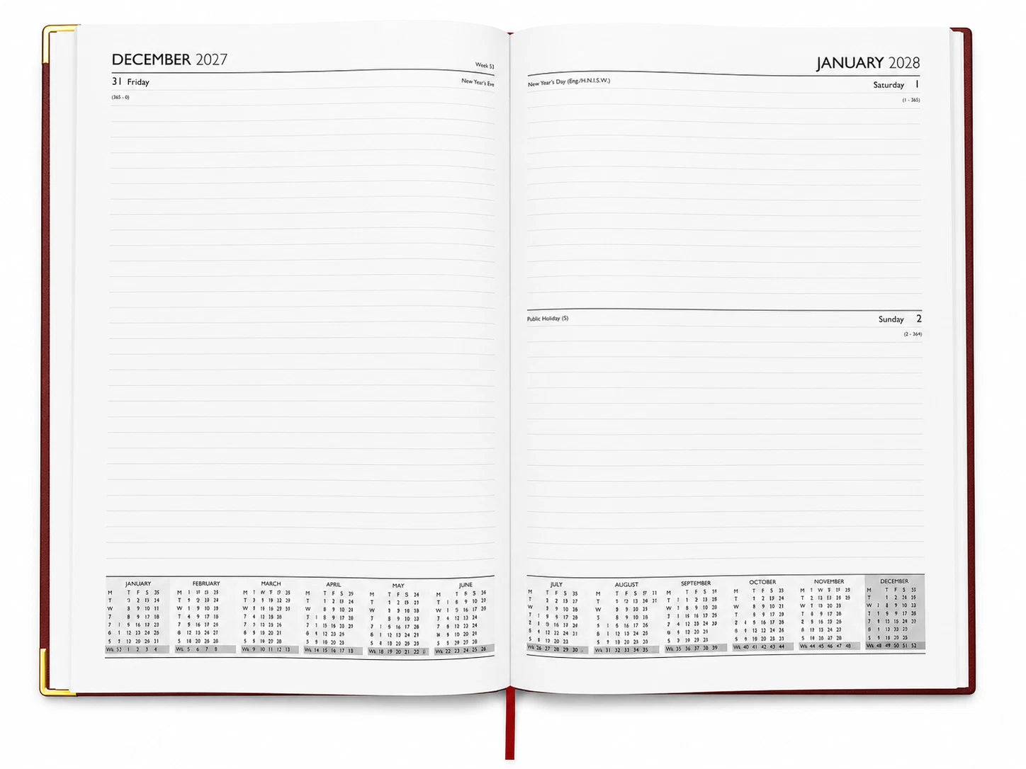 2027 Diary A4 Page a Day Padded Cover Metal Corner Split Weekend Year Planner