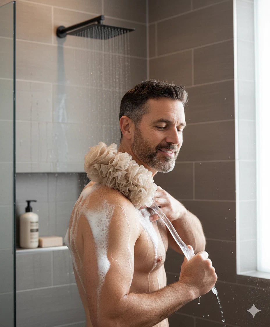 Long Handle Bath Brush & Mesh Sponge – Back Scrubber Body Wash Shower Loofah for Exfoliating & Cleansing