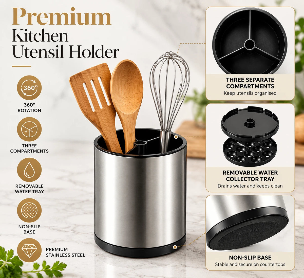 Stainless Steel Utensil Holder Rotating Kitchen Cutlery Holder Storage Organiser