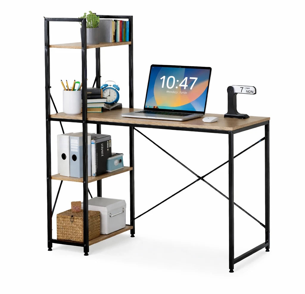 Computer Desk with 4-Tier Storage Shelves – Home Office Study Writing Workstation with Bookshelf Design