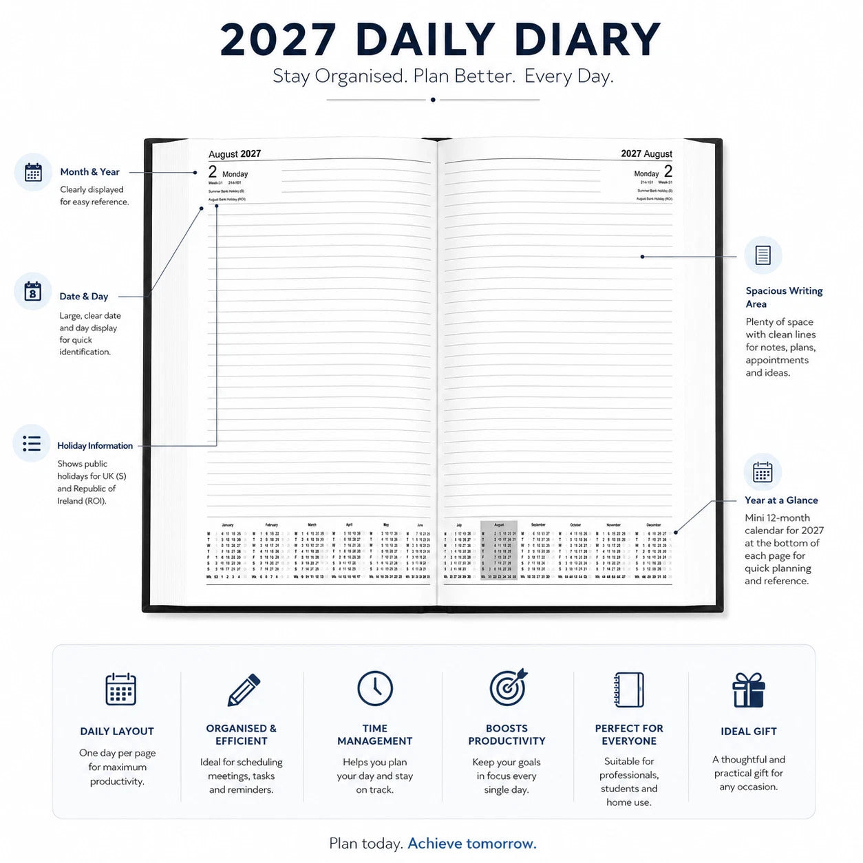 2027 Diary 2 Pages Per Day A5 Hardcover Planner Appointment Office Business Book