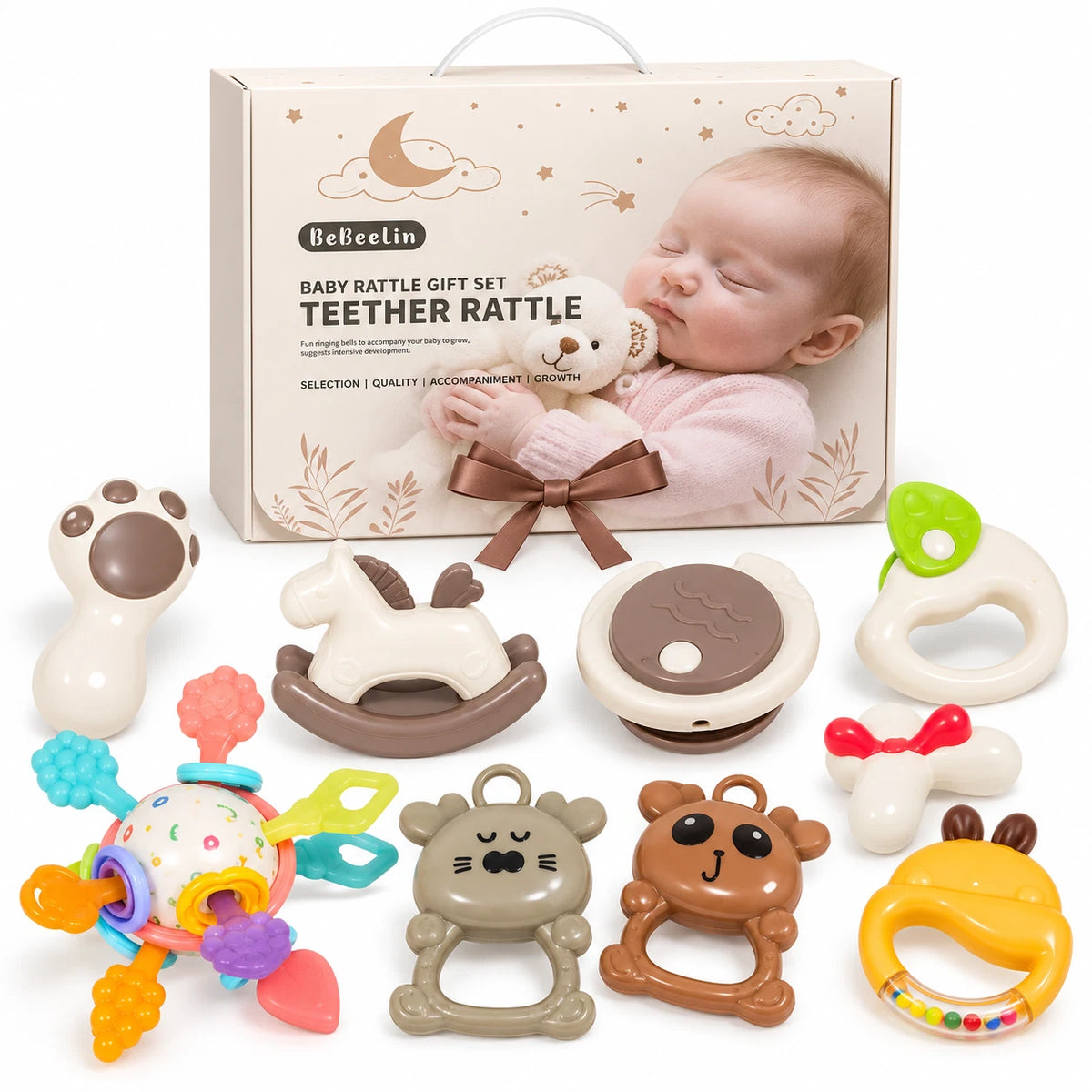 9pc Baby Rattles and Teether Gift Set For Newborn Sensory Activity Play Toy XMAS