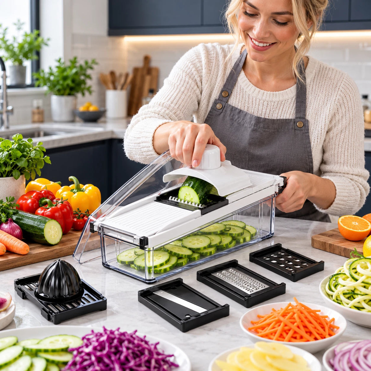 Mandoline Vegetable Slicer with Container 4 Blades and Juicer Julienne Cutter