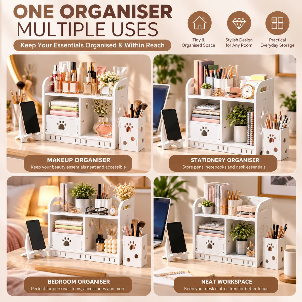 Makeup Organiser & Desk Storage Cabinet with Drawer Phone Stand & Brush Holder