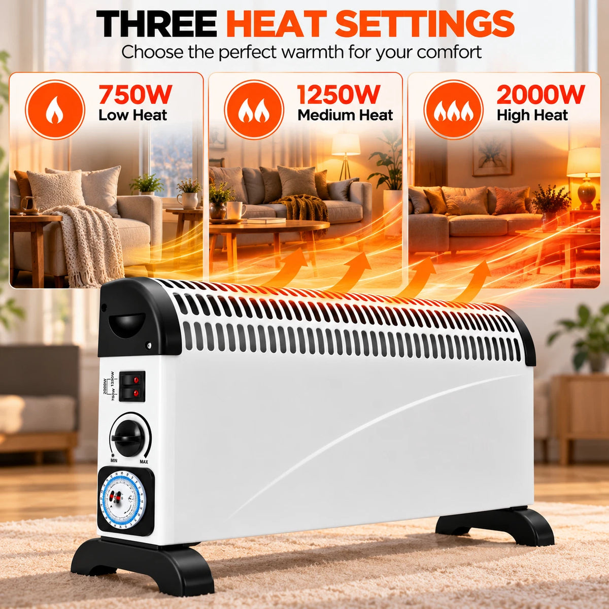 2000W Electric Convector Heater with 3 Heat Settings Timer & Thermostat 2kw