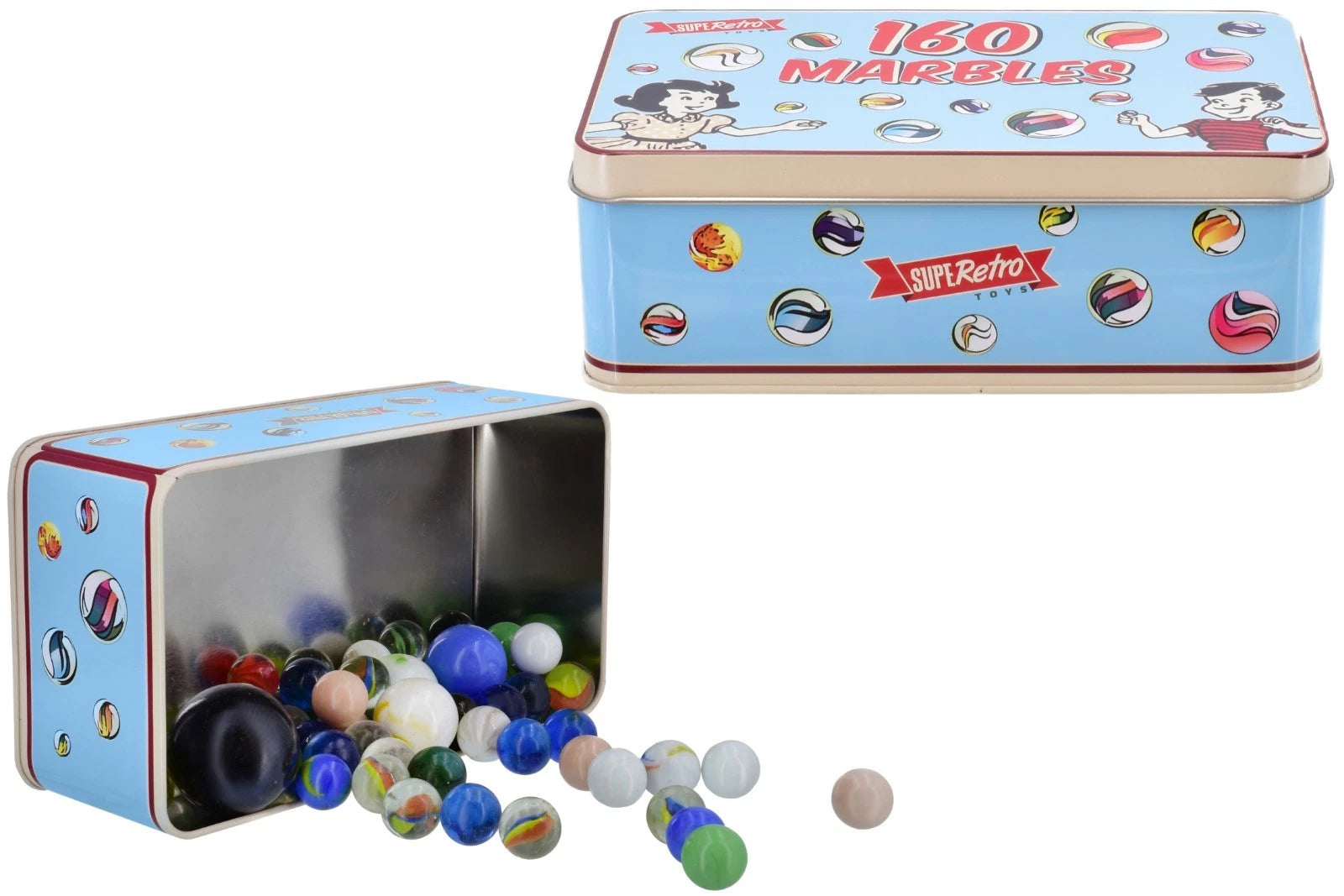 160 Classic Glass Marbles Toys in Vintage Storage Box Tin Novelty Children Boys