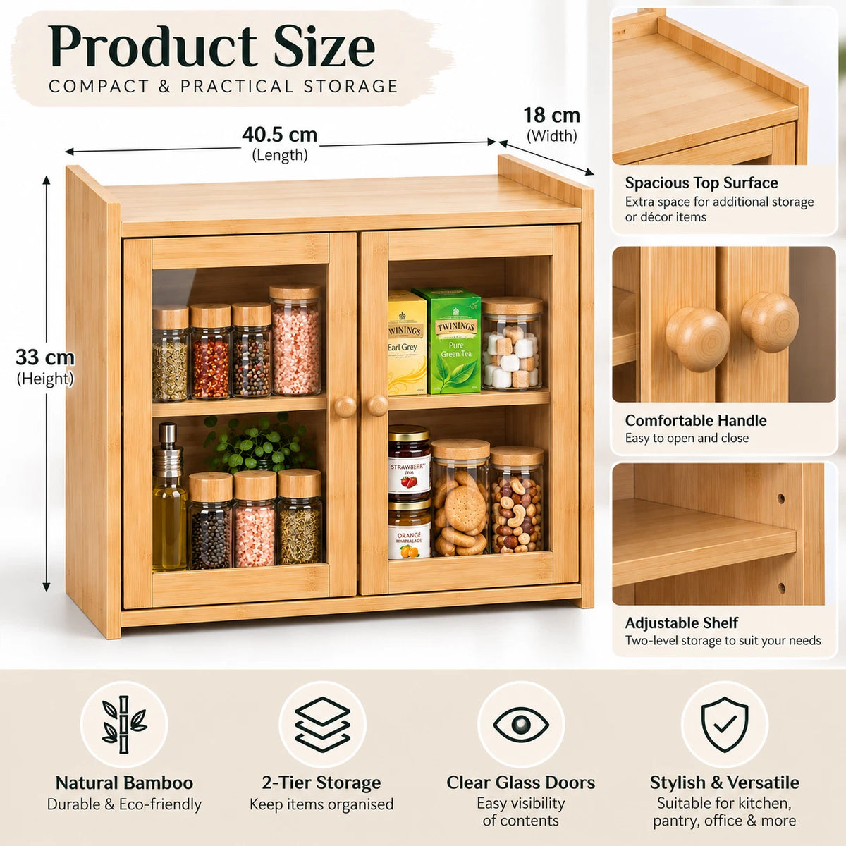 Bamboo Bread Bin Box Kitchen Countertop Storage Cabinet 2 Tier Compact
