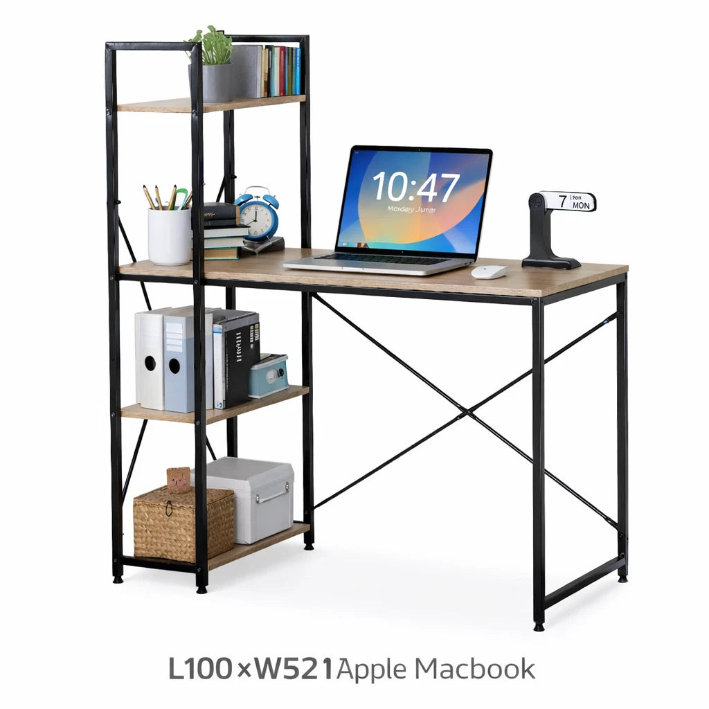 Computer Desk with 4-Tier Storage Shelves – Home Office Study Writing Workstation with Bookshelf Design