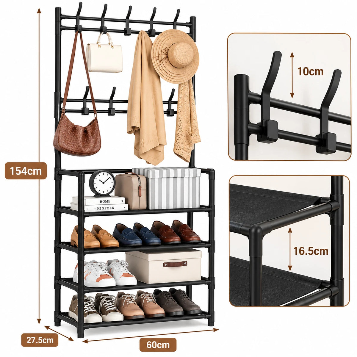 Coat Rack With Shoe Storage Organiser Unit 4 Tier Plastic 8 Hooks Space Saving
