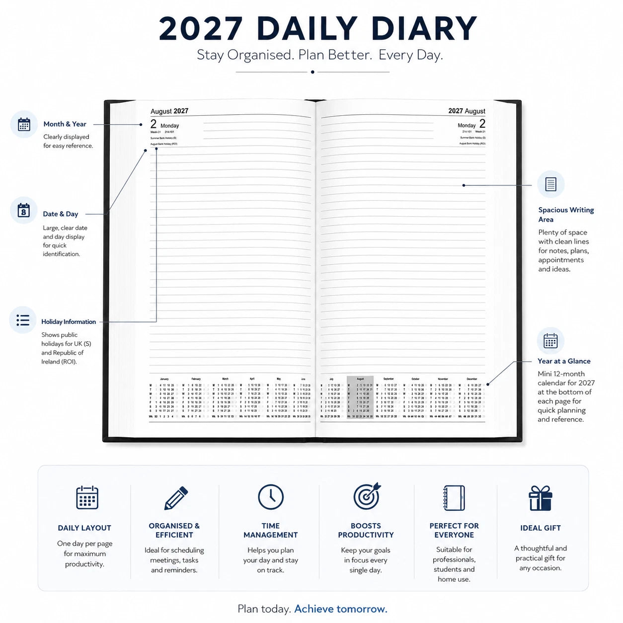 2027 A4 Diary 2 Pages Per Day Daily Planner Hardback Office Business Book