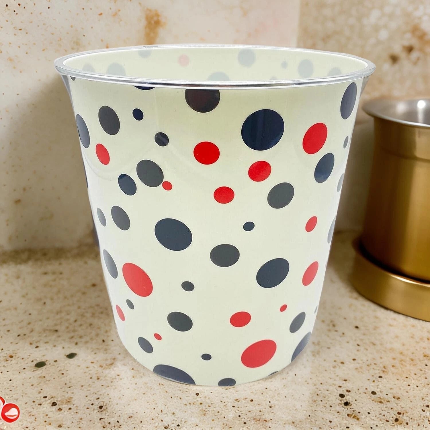 Share 7.7L Waste Paper Dust Bin Round Plastic Polka Dots Black & Red Room Office Home