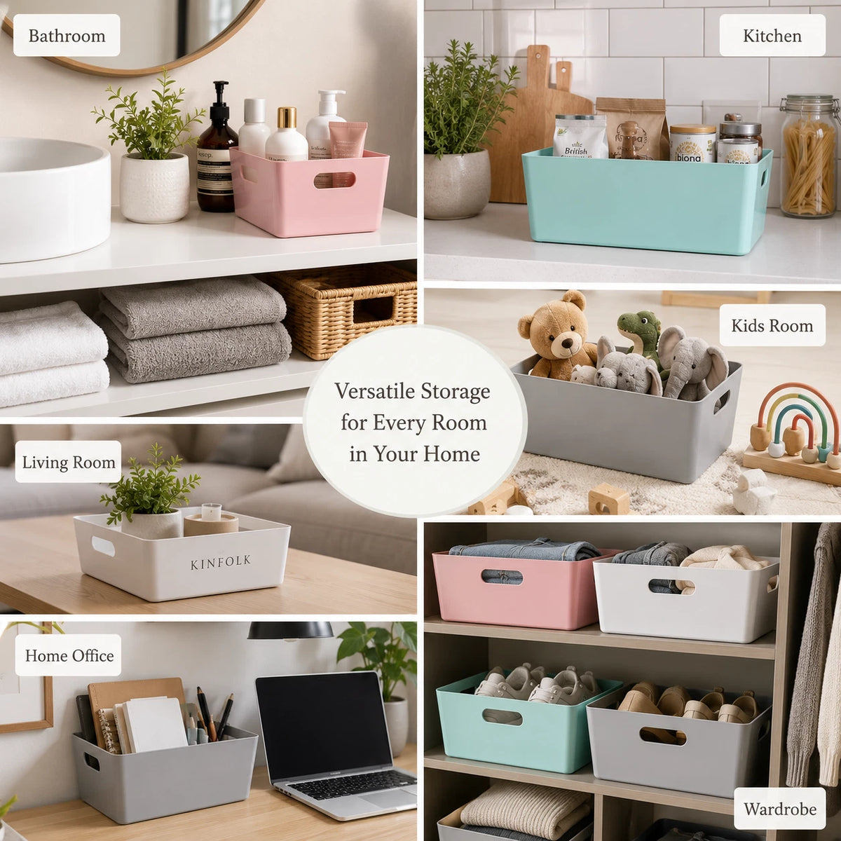 Plastic Storage Baskets Organiser Reusable Boxes Kitchen Bathroom Office Home