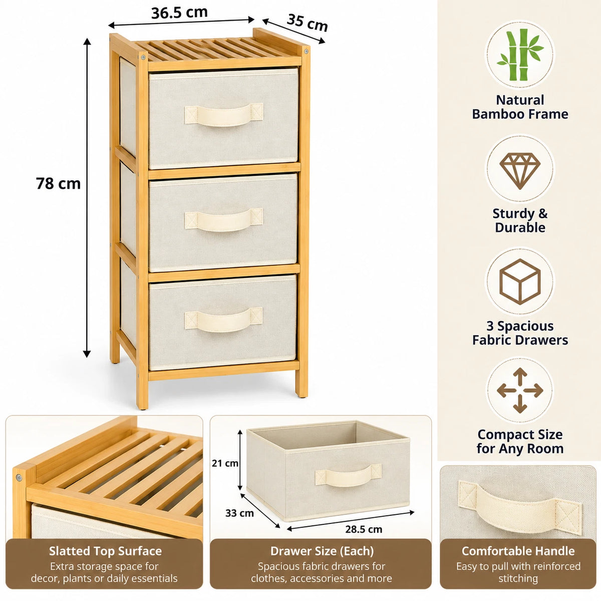 Bamboo 3 Chest of Drawers Fabric Bedroom Bedside Organiser Dresser Storage Unit